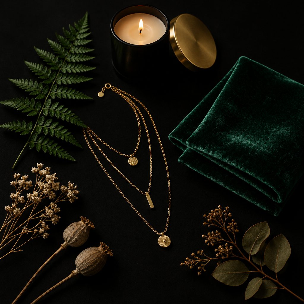 Flat lay of plant, candle and jewellery pin