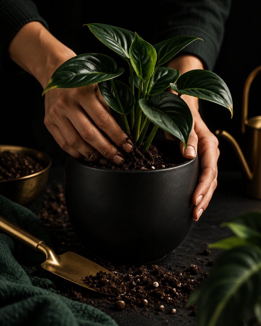 Hands potting a plant into a black pot with a gold trowel