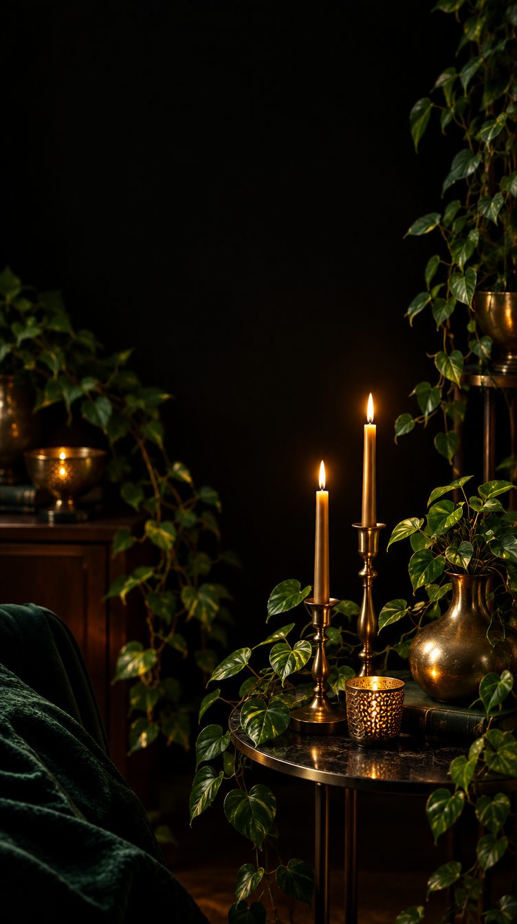Dark room with trailing plants and gold candlelight for a Night Garden reel