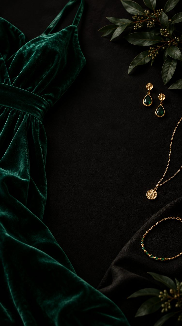 Emerald velvet dress and gold jewellery for a new in story