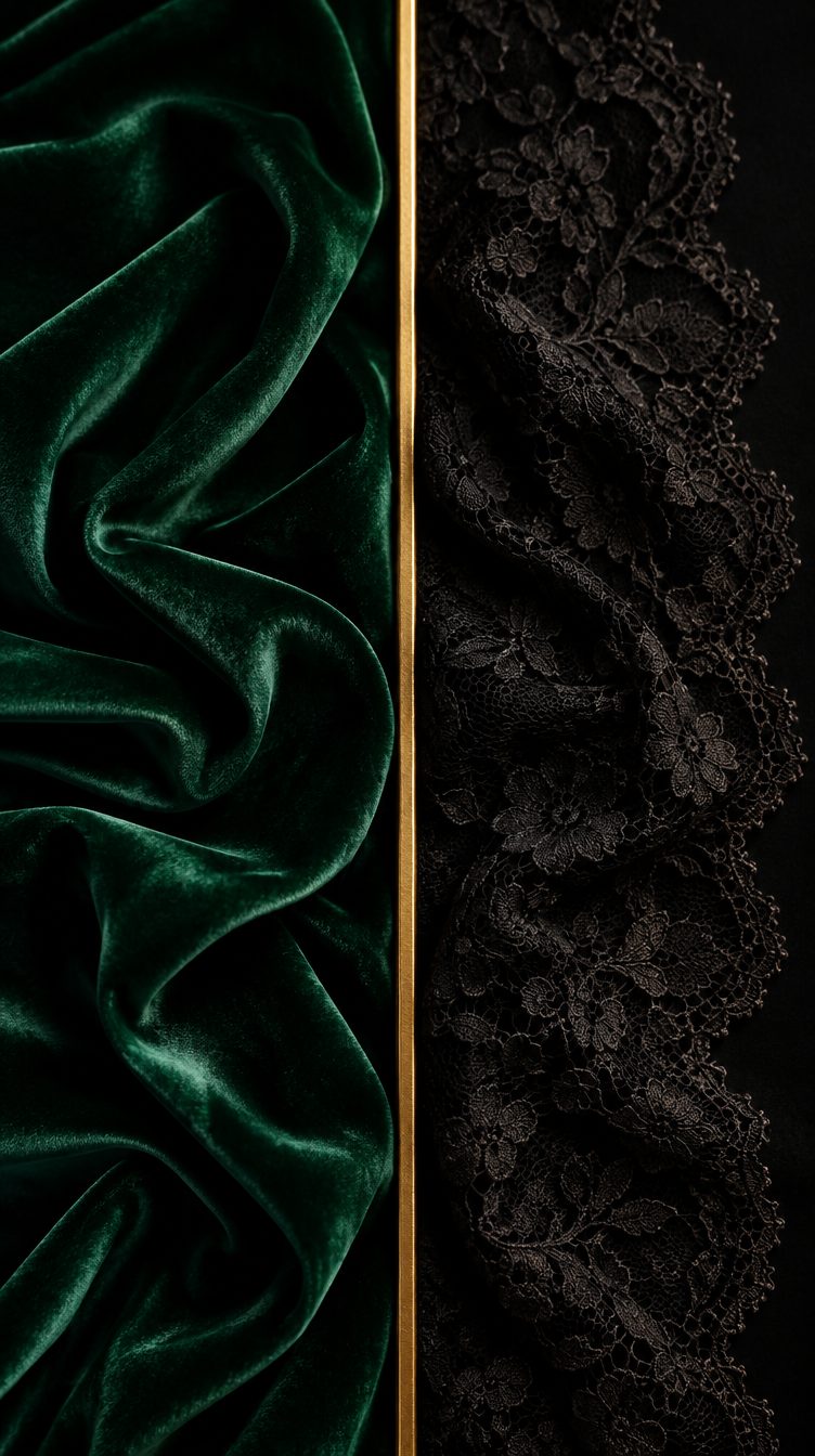 Split of emerald velvet and black lace for a poll story